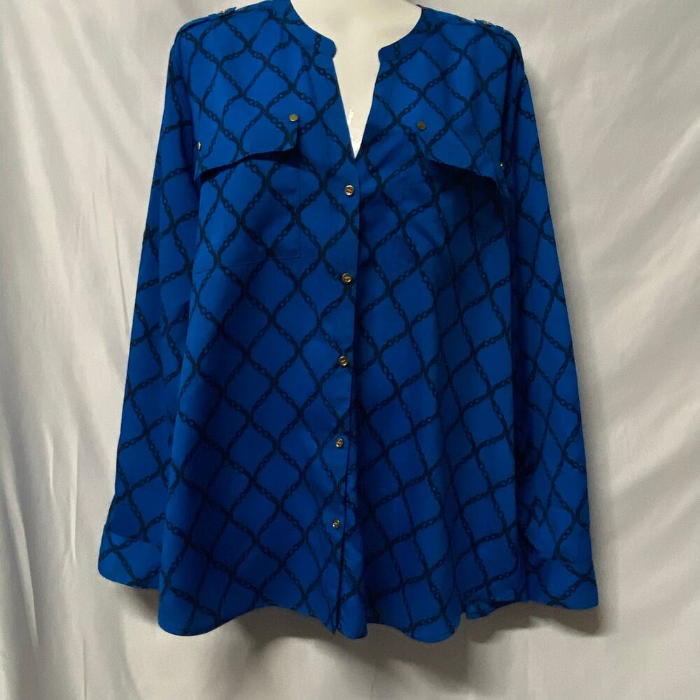 Charter Club Blouse Top Button Up PXL Blue Black Rivets Roll Tab Sleeves
